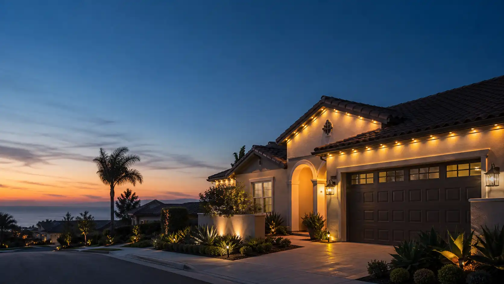 San Diego home with warm permanent outdoor roofline lighting at dusk