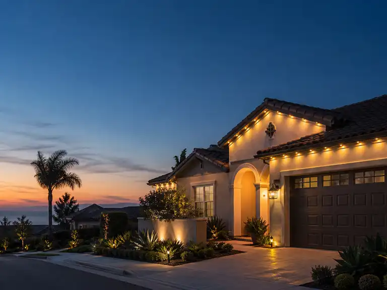 Warm year-round exterior lighting on a San Diego residential property
